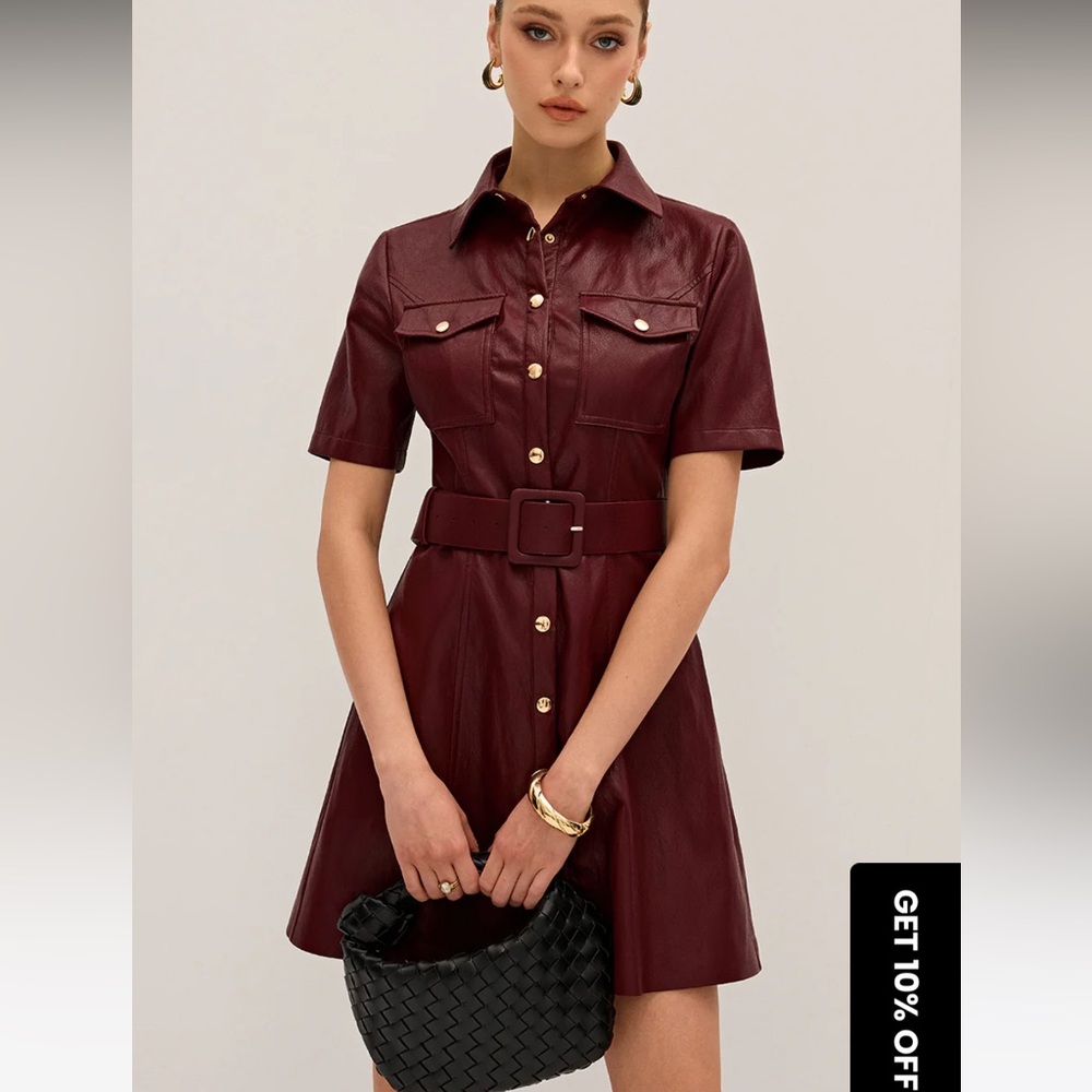 NWT Commense Shirt Collar Belted PU Leather Mini Dress